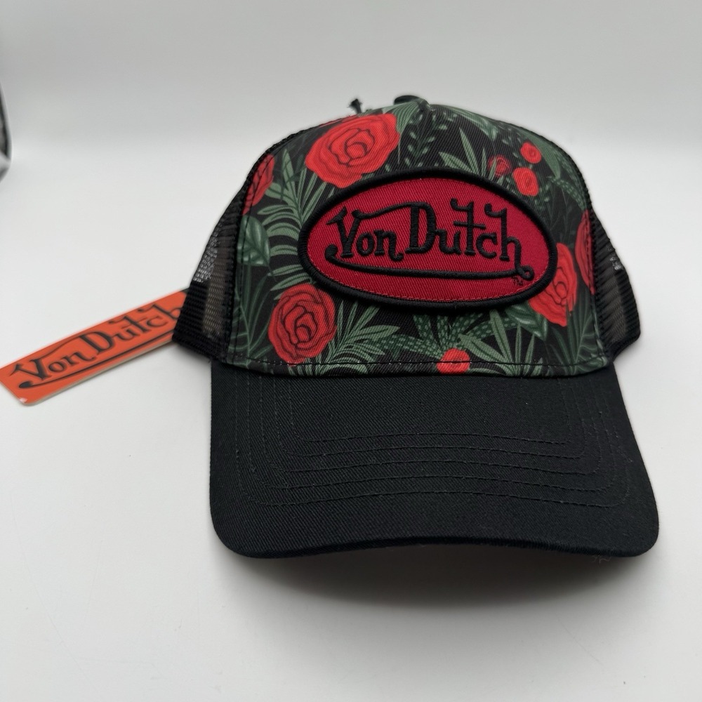 NWT Von Dutch Red Roses Flowers Trucker Hat Snapback Cap Mesh Y2K Style Mesh
